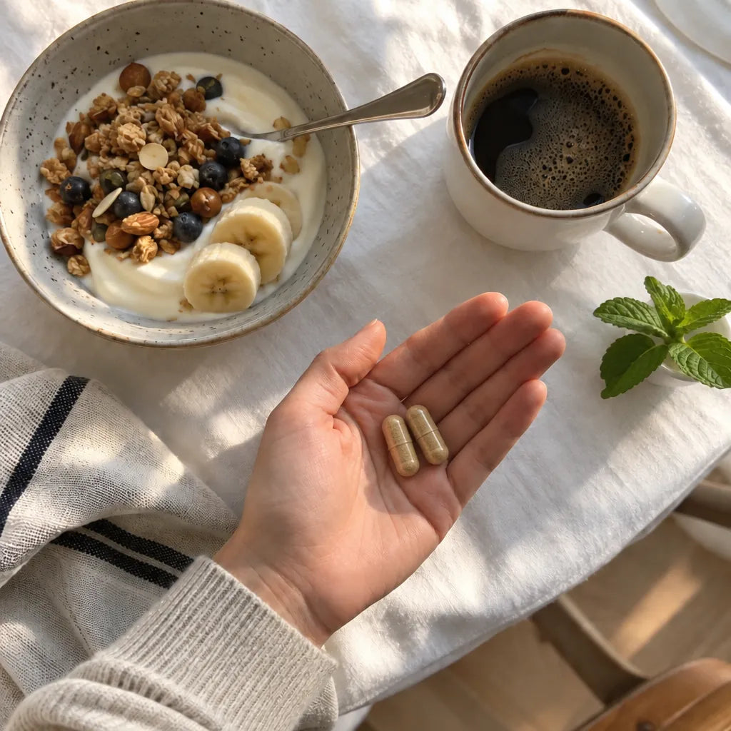 Eine Hand mit zwei Kapseln beim Frühstück, neben Joghurt, Kaffee und einem Minzzweig