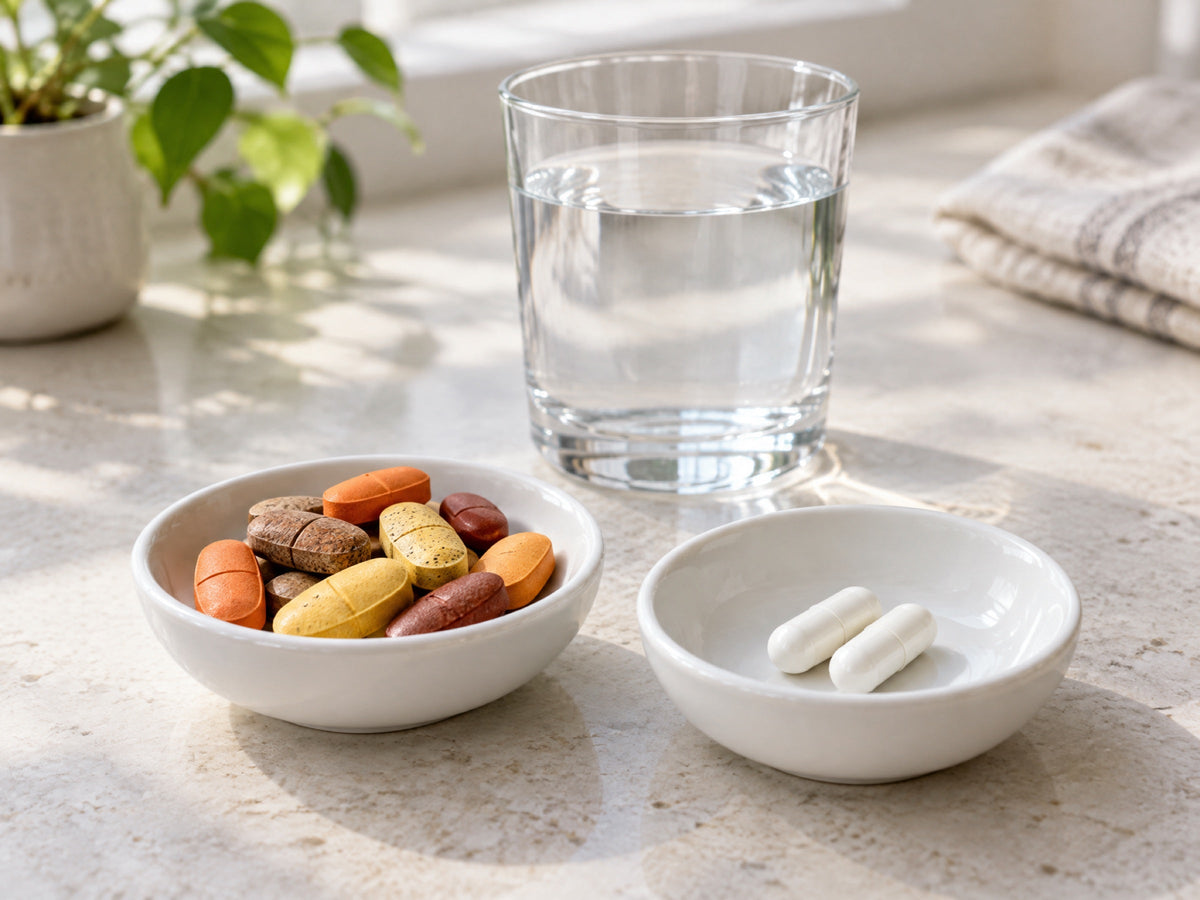 Twee schaaltjes naast elkaar: links gekleurde multivitaminetabletten, rechts twee witte capsules