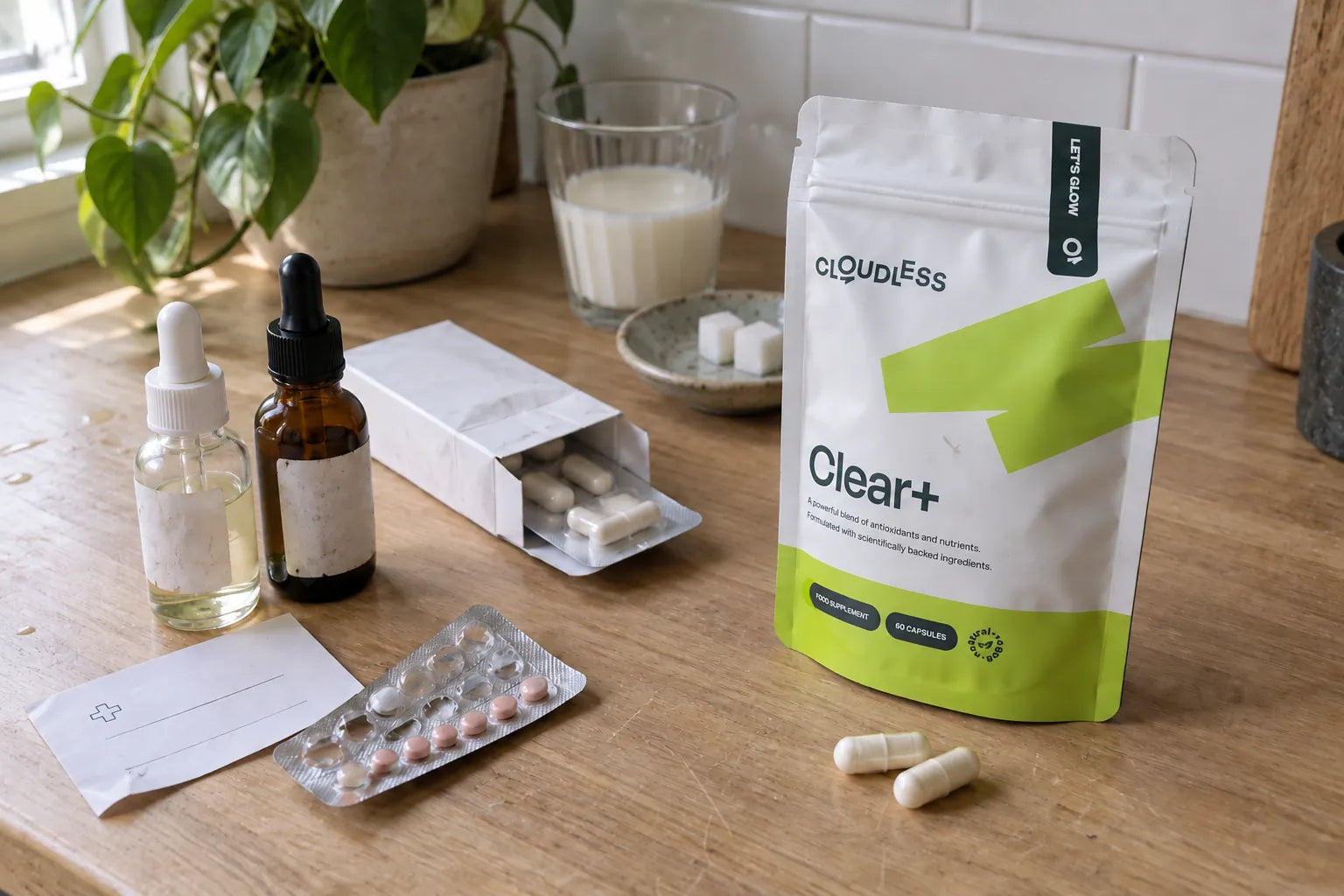 Was ich in 6 Jahren ausprobiert habe, auf meiner Badezimmerablage: Seren, die Pille, Antibiotika, eine Karte meiner Hauttherapeutin, der Verzicht auf Milch und Zucker und Clear+